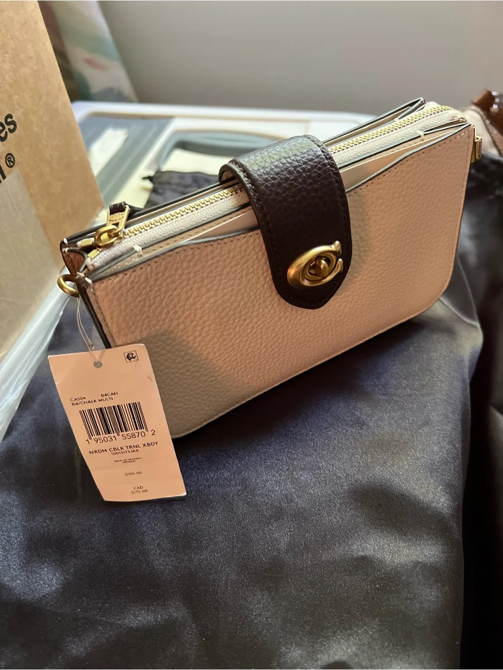Coach Two-Tone Chalk & Dark Brown Pebbled Leather Crossbody & Gold Chain NWT